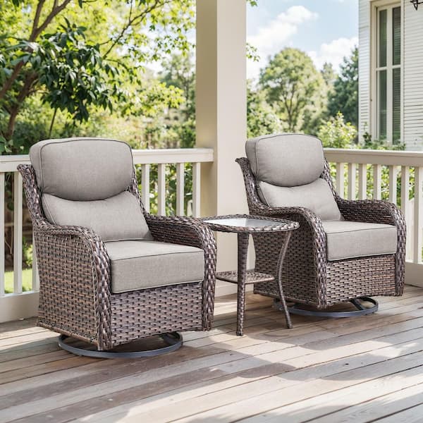 moosprr Luxurious Brown Swivel Glider Wicker Patio Conversation Set with Gray Olefin 6 In. Thick Cushions/Side Table (3-Piece)