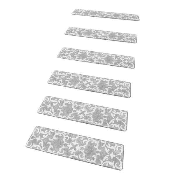Gray Floral 8 in. x 30 in. PVC Stair Tread Cover Cusioned Foam Stair Pads Mat Soft Touch Peel & Stick (Set of 16)