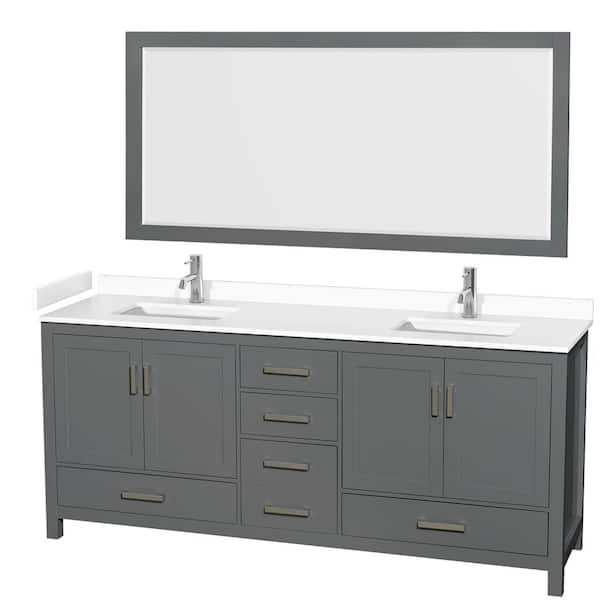 Wyndham Collection Sheffield 80 in. W x 22 in. D x 35 in. H Double Bath Vanity in Dark Gray with White Cultured Marble Top and 70" Mirror