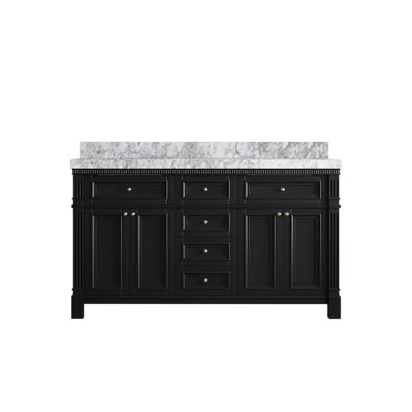 Willow Collections Paris 60 in. W x 22 in. D x 36 in. H Double Sink Bath Vanity in Black with 2 in. Carrara Marble Top