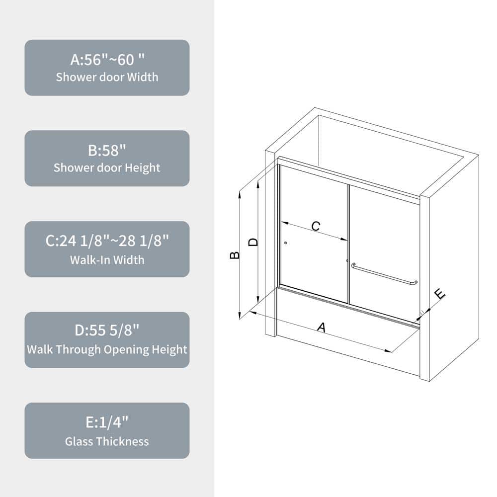 Matte Black Framed Double Sliding Bathtub Shower Door with Clear Glass