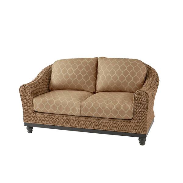 Home Decorators Collection Camden Light Brown Seagrass Wicker Outdoor Patio Loveseat with CushionGuard Toffee Trellis Tan Cushions