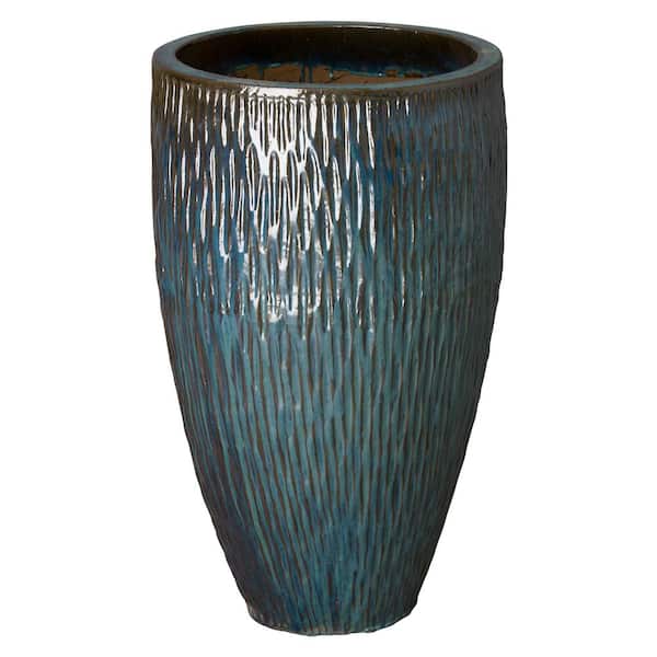 Tall 21 in. L x 35 in. H Teal Ceramic Round Planter with Drainage Hole