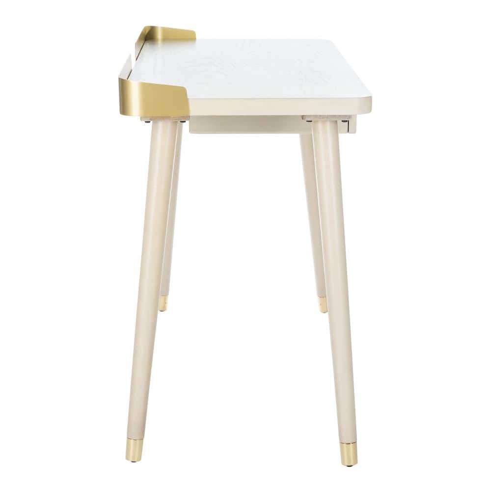 Transitional White Washed and Gold Home Office Desk with Drawer