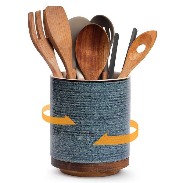 7.6 in. Modern Series Ring Ceramic Utensil Holder with 360° Rotation for Kitchen Decor, Stable Utensil Caddy, in Blue