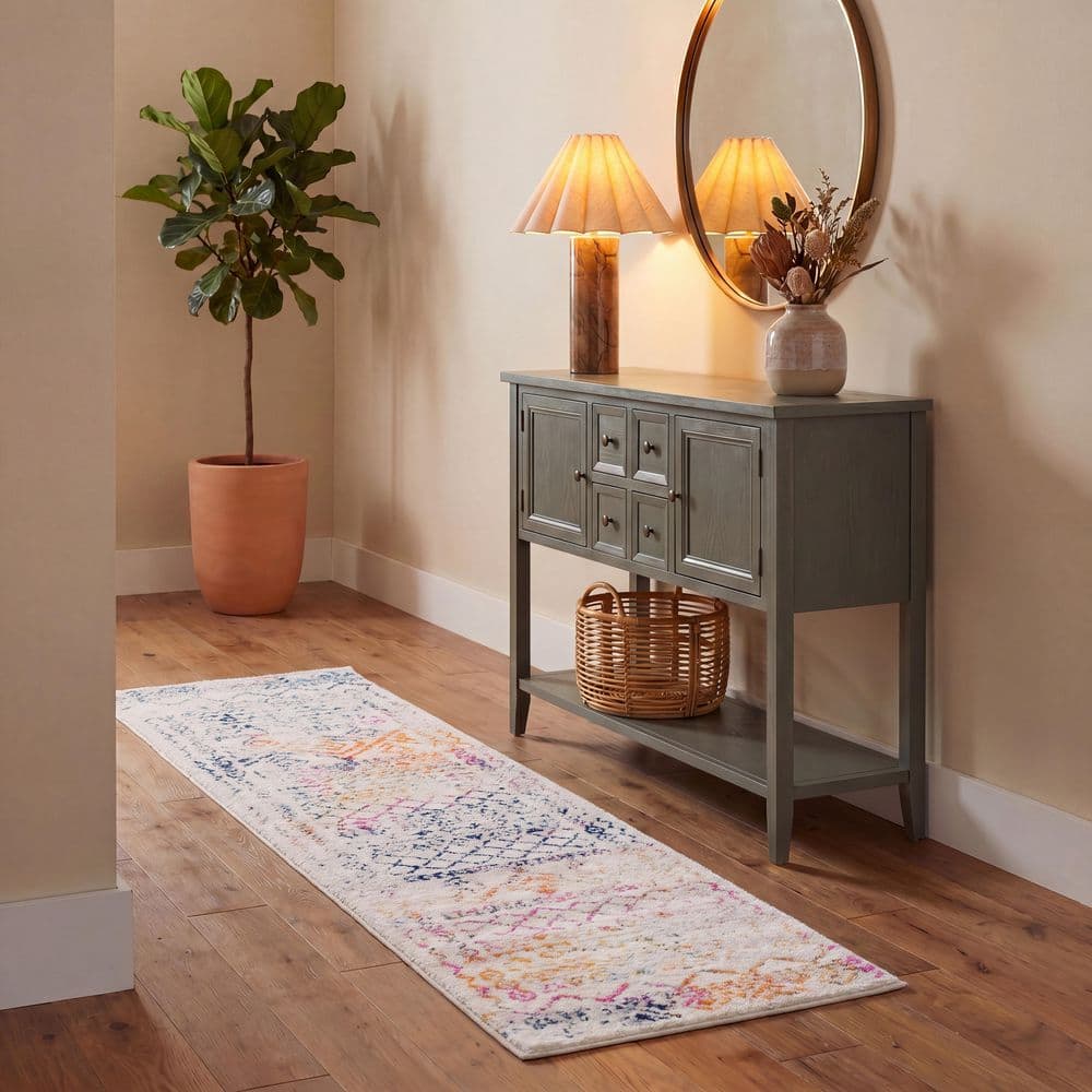 Tulum 2 ft. x 11 ft. Ivory/Fuchsia Border Tribal Distressed Runner Rug price history on PriceWatchPro