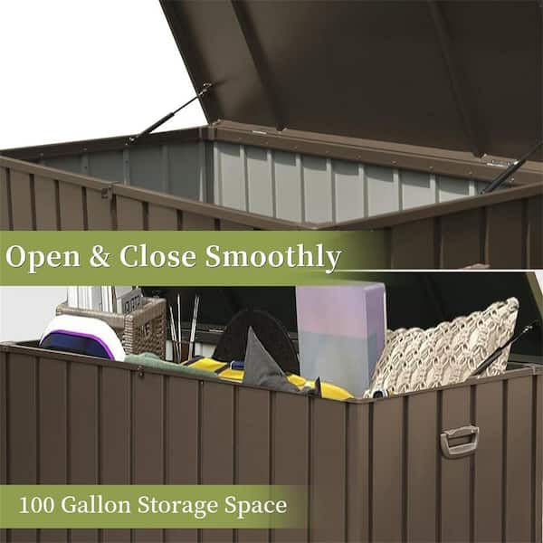 Unbranded - 120 Gal. Dark Brown Metal Deck Box, Outdoor Storage Box with Lockable Lid, Wheels and Handles