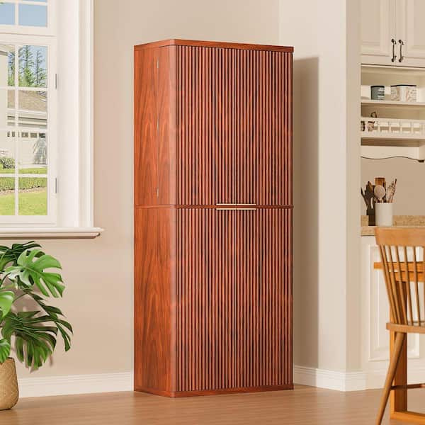 Walnut Wood 30 in. x 72 in. Pantry Cabinet, Kitchen Pantry Storage Cabinet Organizer Cupboard with Doors, 6 Door Shelves