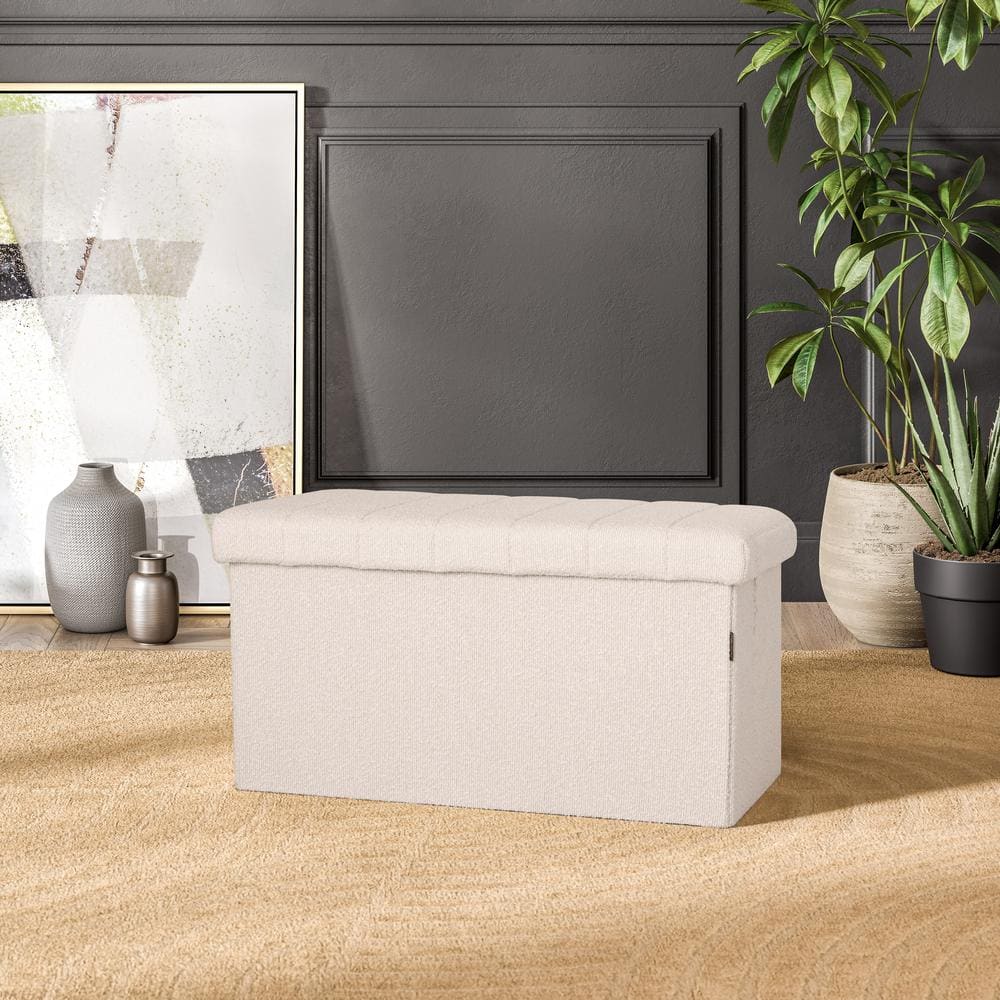30" White Boucle Upholstered Storage Ottoman Bench