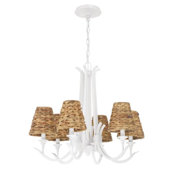 CRAFTMADE Kokomo 6 Light Matte White Finish Chandelier with Natural Sea Grass Shades for Kitchen Dining Foyer, No Bulb Included