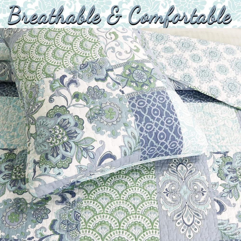 King Blue Cotton Reversible Patchwork Quilt Set