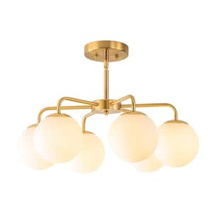 Pollak 23.6 in. 6-Light Gold Modern Sputnik Semi-Flush Mount Lights with Frosted Opal Glass Bubble Globe Shade