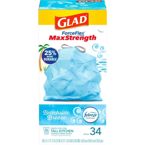 Glad ForceFlex MaxStrength 13 Gal. Tall Kitchen Drawstring Beachside Breeze  Scent with Febreze Blue Trash Bags (34-Count) 1258779177 - The Home Depot