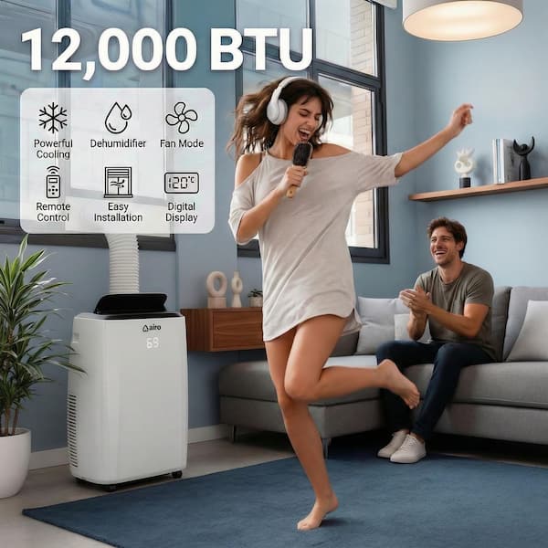 12,000 BTU (8,000 BTU DOE) Portable Air Conditioner Cools 550 sq. ft. with Dehumidifier and LCD Remote in White