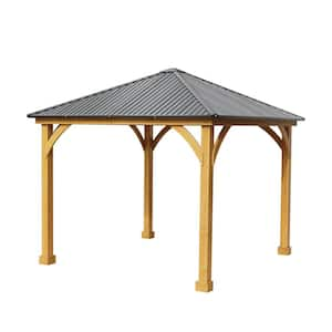 10 ft. x 10 ft. Outdoor Patio Brown Wooden Frame Gazebo with Black Hardtop Roof