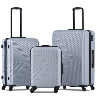 3-Piece Silver Luggage Sets ABS Lightweight Suitcase with Two Hooks, Spinner Wheels, TSA Lock (20/24/28)