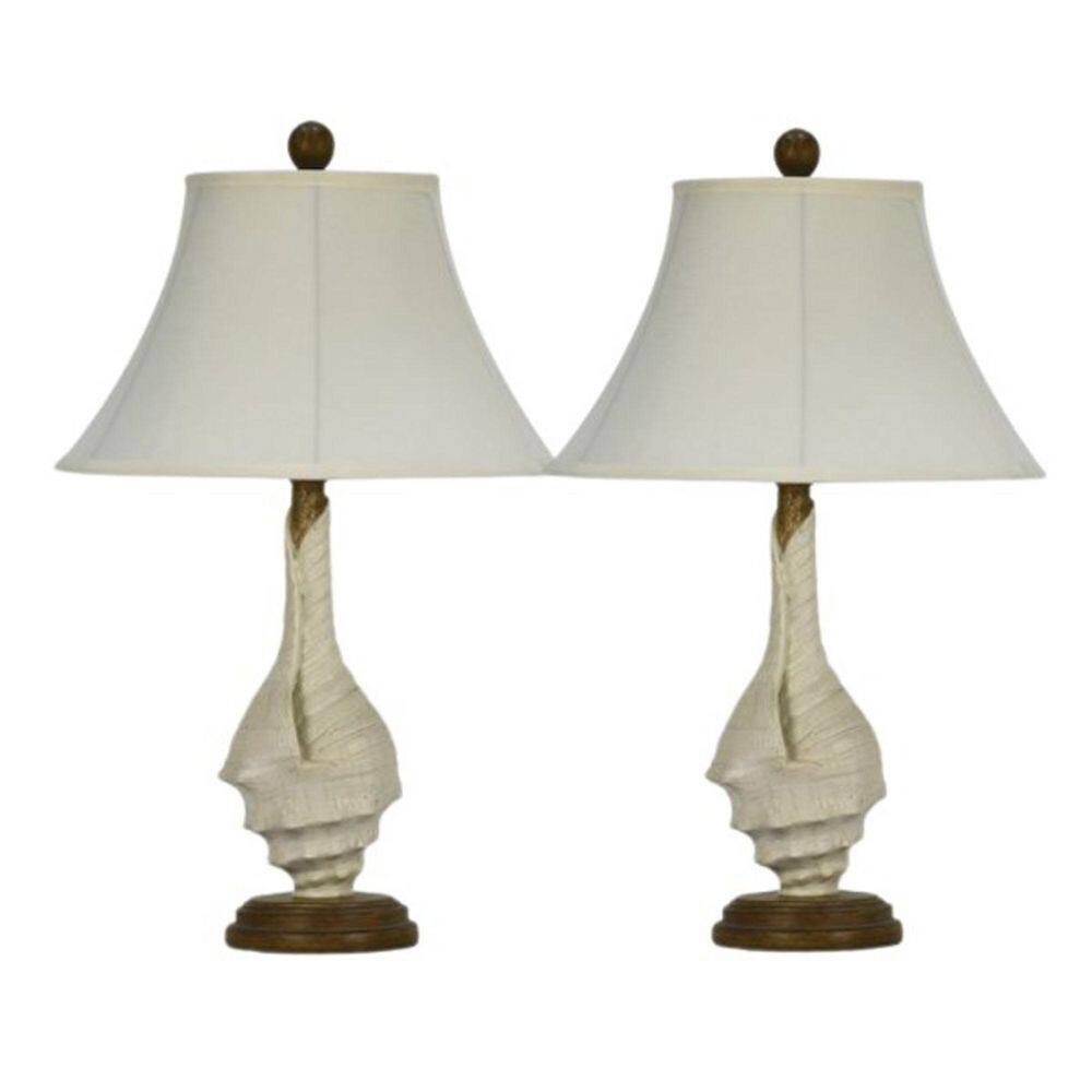 Pair of 25.5 in. Casual Brown/Weathered White Cast Conch Shell Table Lamps with Designer Shades and Finials price history on PriceWatchPro