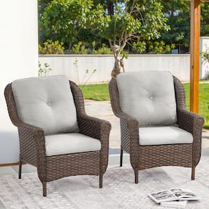 Patio Brown Wicker Outdoor Lounge Chair with Beige Cushions and Chrysanthemum Armrest (2-Pack)