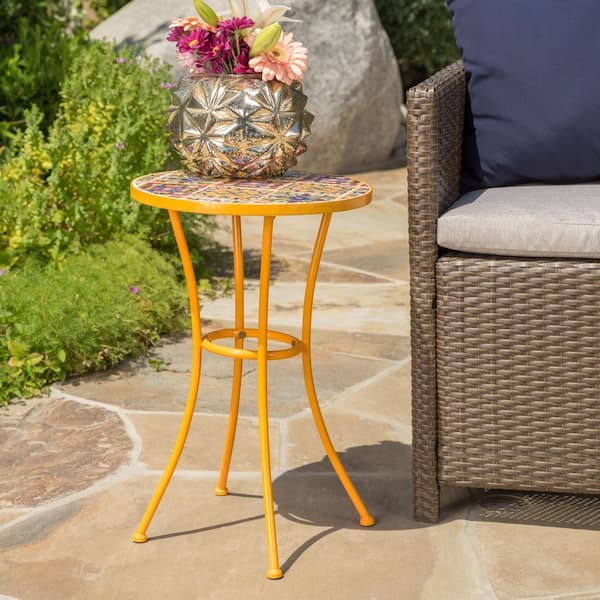 Harper & Bright Designs Yellow Ceramic Tile Mosaic Top Outdoor Side Table Patio End Table