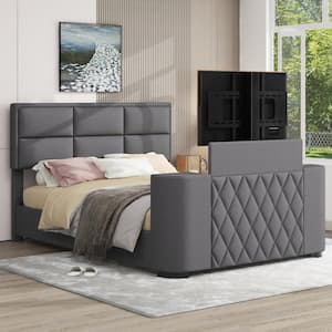 Gray Wood Frame Queen Size Linen Upholstered TV Platform Bed with Rotating TV Mount, Adjustable Headboard