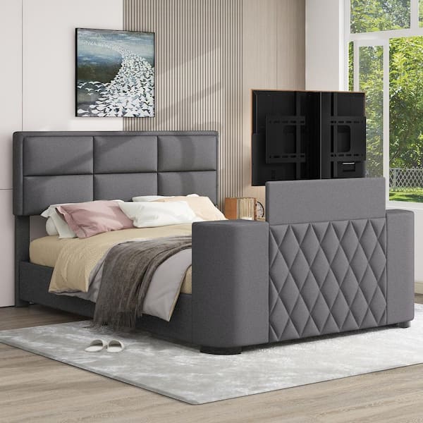 Harper & Bright Designs Gray Wood Frame Queen Size Linen Upholstered TV Platform Bed with Rotating TV Mount, Adjustable Headboard