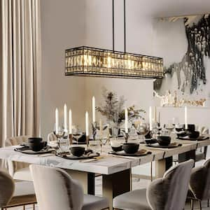 35.4 in. Modern 4-Light Black Island Chandelier with Glam Crystal Rectangle Shade, LED Bulb Compatible