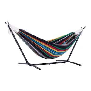 9 ft. Black Frame Outdoor Relaxation Cotton Hammock Combo with Steel Stand and Carry Bag in Rio Night