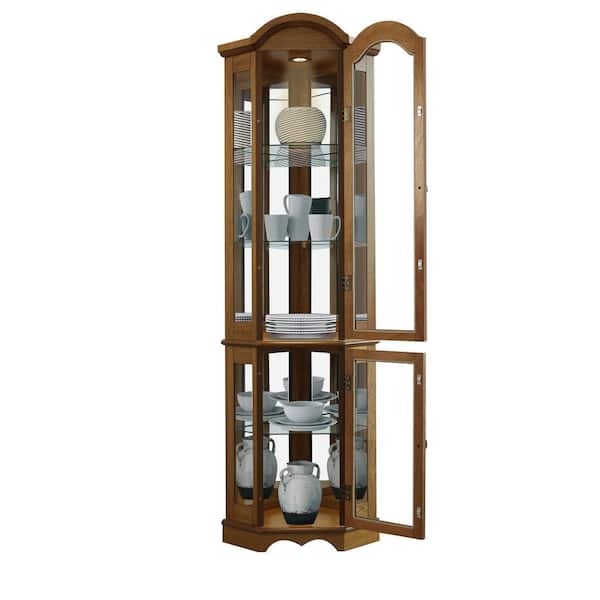 Floor Standing Oak 5-Sided Lighted Curio Cabinet