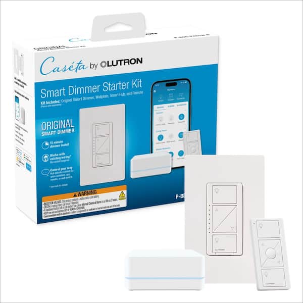 Caseta Smart White Push Dimmer Switch Starter Kit for Dimmable LED Bulbs (P-BDG-PKG1W-R)
