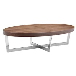 Tini 28 in. Brown and Chrome Oval Wood Coffee Table with Oval Top and Chrome Frame