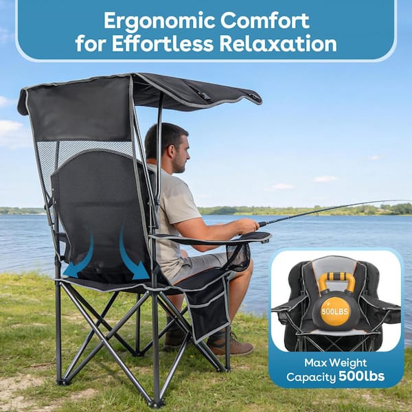 SUKLOM Folding Camping Chair w/ Adjustable Sun Canopy, 500 lbs