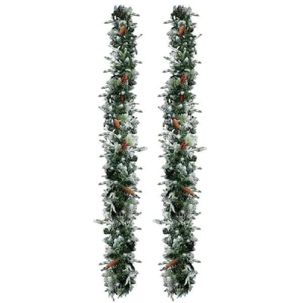 2-Pack 9 ft. Pre-lit Snow Flocked Christmas Garland, Lighted Artificial Xmas Garland with 200 Warm Lights and 440 Tips.