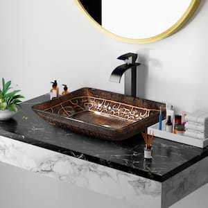Terpsichore Brown and Gold Tempered Glass Rectangular Vessel Sink with Faucet and Pop Up Drain