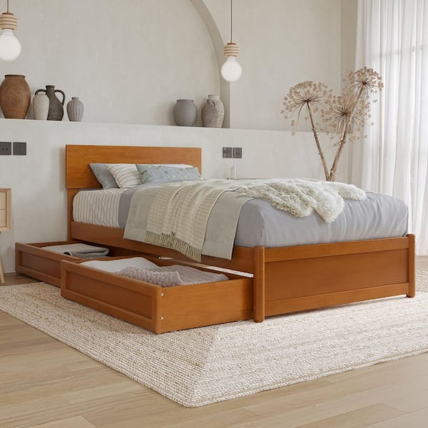 AFI Wesley Light Toffee Natural Bronze Solid Wood Frame Twin XL Platform Bed with Panel Footboard and Storage Drawers