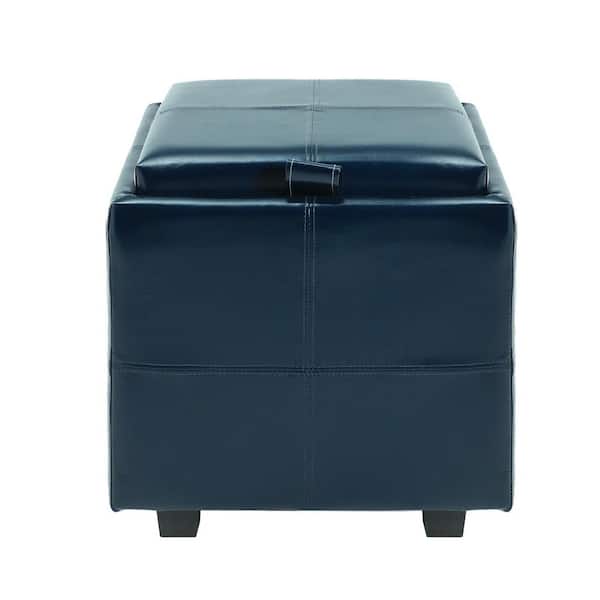 Yangming 18 in. Dark Blue Faux Leather Tufted Square Storage Ottoman