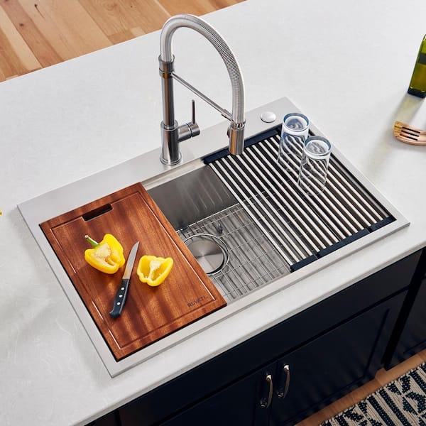 Siena 33 in. Drop-in Single Bowl 16 Gauge Stainless Steel Workstation Kitchen Sink with Rounded Corners and Accessories