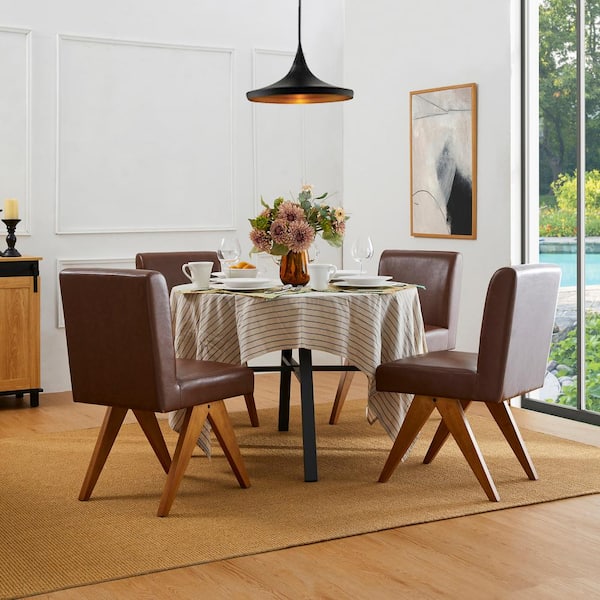 Mid-Century Modern Brown Leatherette Solid Back Dining Chair with V-Shaped Solidwood Legs (Set of 2)
