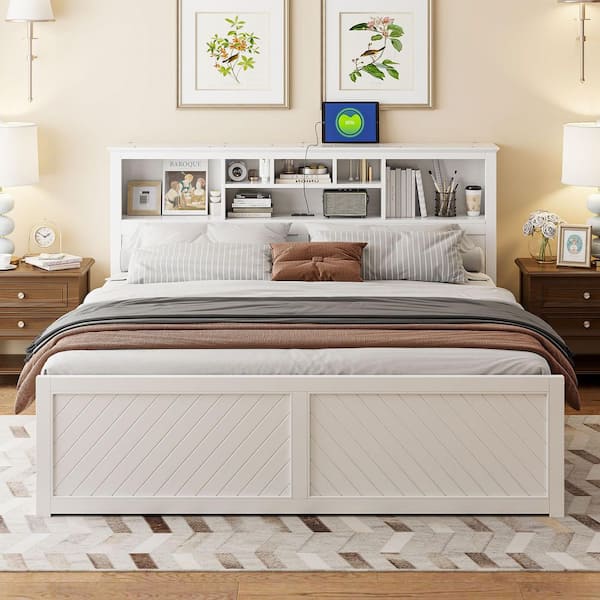 Qualler White Wood Frame King Platform Bed with Multi-storage Headboard and Charging Station