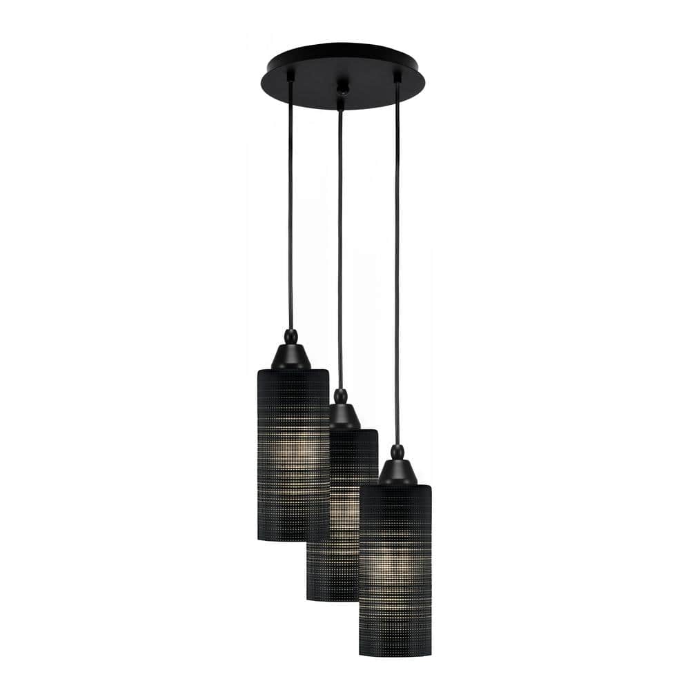 Savannah 13 in. 3-Light Matte Black Cord Pendant Light Black Matrix Glass S