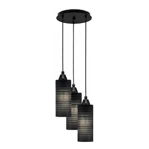 Savannah 13 in. 3-Light Matte Black Cord Pendant Light Black Matrix Glass Shade