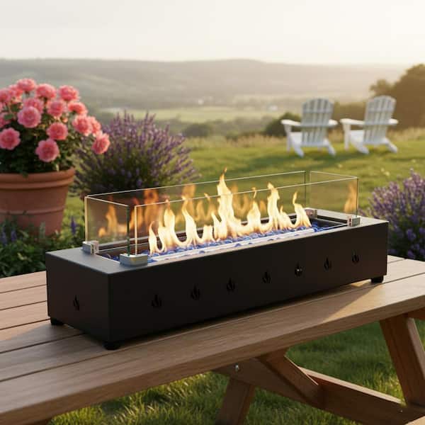 40,000 BTU Stainless Steel 28 in. Rectangle Propane Table Patio Heaters Fire Pit Durable Iron Stylish Glass Beads Design