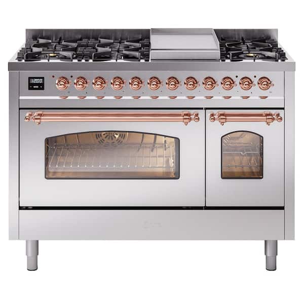 ILVE Nostalgie II 48 in. 8-Burner Plus Griddle Double Oven Natural Gas Dual Fuel Range in Stainless Steel with Copper Trim