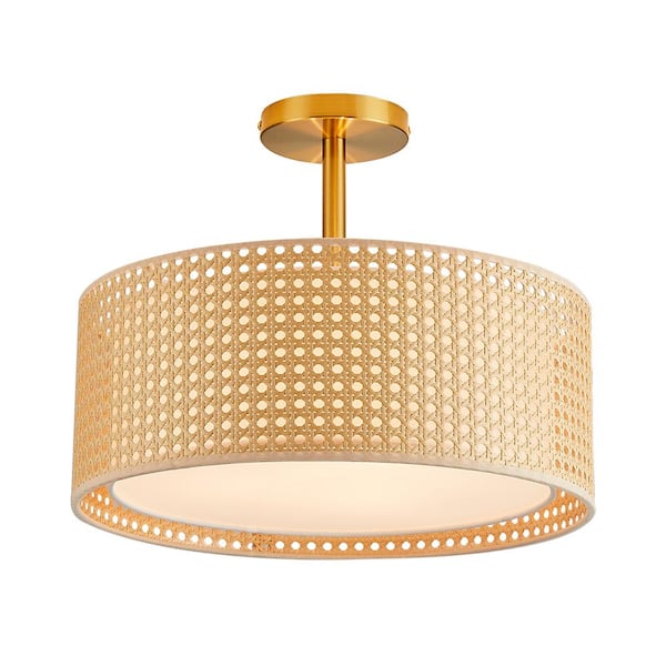 MLiAN 15.7 in. 3-Light Copper Rattan Semi-Flush Mount Ceiling Light