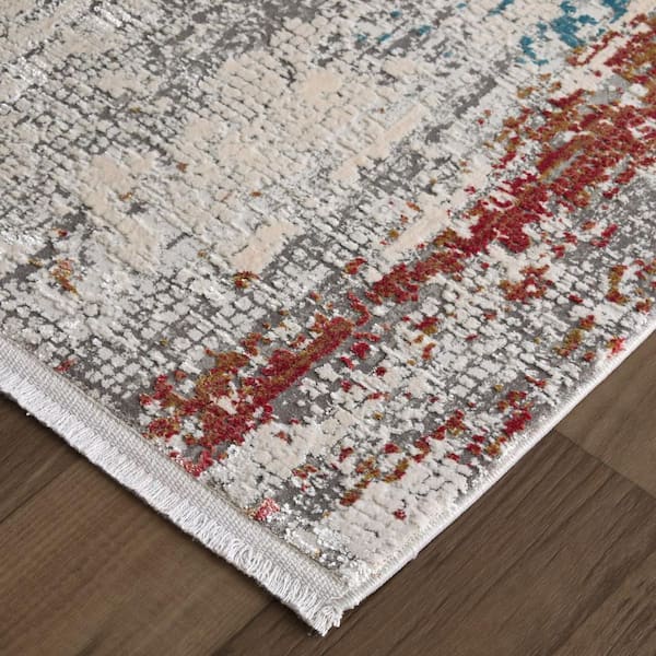 3 X 10 Gray, Blue, Red Abstract Runner Rug