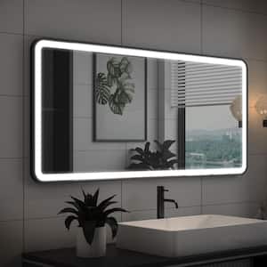 BONIE 60 in. W x 28 in. H Large Rectangular Framed Anti-Fog LED Wall Bathroom Vanity Mirror in Matte Black