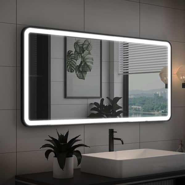 WELLFOR BONIE 60 in. W x 28 in. H Large Rectangular Framed Anti-Fog LED Wall Bathroom Vanity Mirror in Matte Black