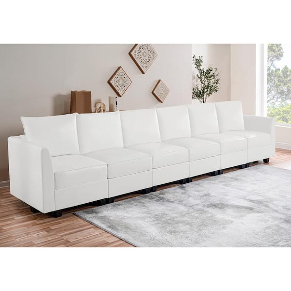 164.38 in. Modern Faux Leather 6-Piece Upholstered Sectional Sofa Bed in Bright White  Sofa Couch for Living Room/Office