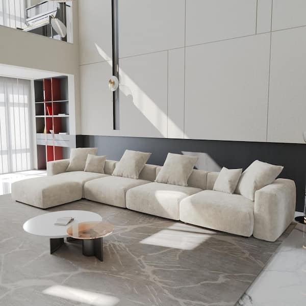 Unbranded 181 in. Square Arm Corduroy 5-Piece Modular Living Room Sectional Sofa with Deep Seat and Ottoman in Beige 6-Seater