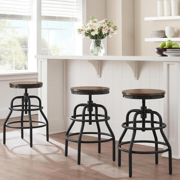 Hamrick Industrial Wood and Iron Adjustable Height Backless Bar Stool