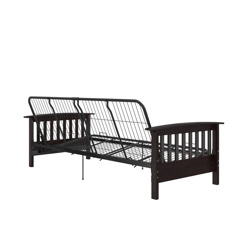 Gray Linen Reclining Futon with Dark Wood Arms and Metal Frame